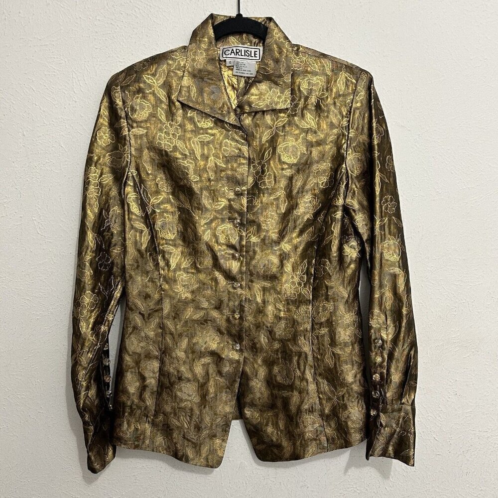 Carlisle VTG Bronze Metallic Gold Floral Shirt Blouse Size 6 Silk Blend Buttons